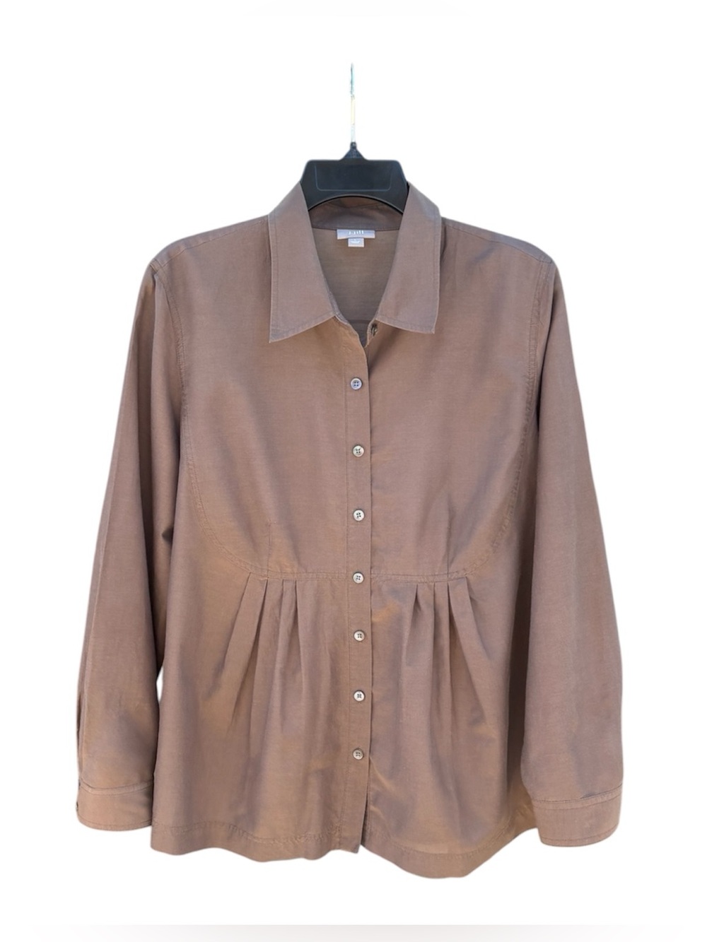 J. Jill Silk Blend Button Down Taupe Brown Empire Waist Blouse Romantic Office